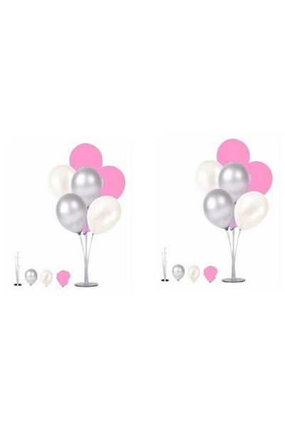 RÖNESANS PARTİ 2 Pieces of 7 Balloon Stands and 14 Pieces of Silver -pink-White Metallic Balloon Set Stand