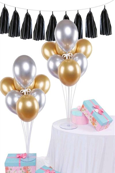 RÖNESANS PARTİ Gold Silver Chrome Balloon Set with Stand 2 Pieces
