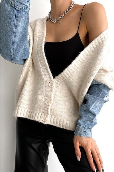 FEMELLE Cardigan de damă, cu mânecă detaliată cu nasturi, tricotaj din denim