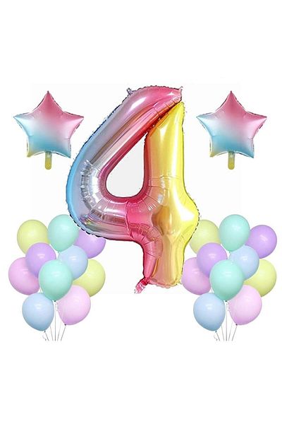 RÖNESANS PARTİ Rainbow Concept 4 Years Birthday Party Celebration Set; Number And Star Foil,pastel Balloon
