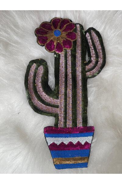 Gönülden Tasarım 34x18 Cm Paiete Paiete Floare Cactus Ghiveci Pisica Applique Patch Armatura