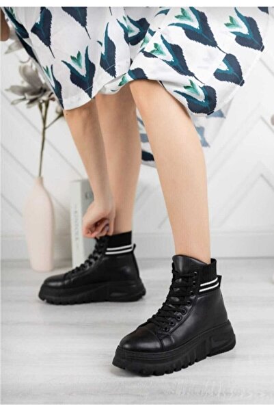 Alya Shoes Kadın Triko Siyah Kısa Bot&botiee&postal Kalın Taban Postal Kısa Bot