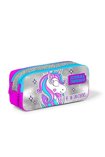 Coral High Rucsac de școală cu 3 compartimente cu sclipici argintiu cu model unicorn - Set de prânz și suport pentru stilou