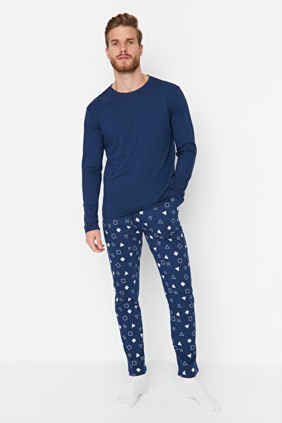 Trendyol Collection Navy Blue Regular Fit Printed Pajamas Set - 100% Cotton Tmnaw23Pt00029