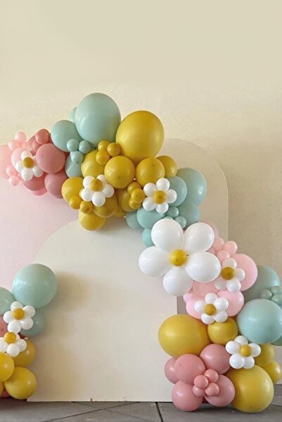 Trend Hediye Sepeti سلسلة بالونات ريترو وردي فاتح وردي فاتح شتوي أخضر كركم أبيض ديزي 75 قطعة