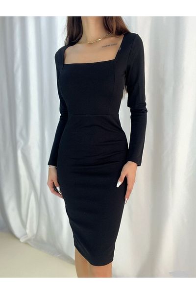 Secret Passion Lingerie Ευέλικτο ύφασμα τετράγωνο γιακά μακρυμάνικο μίντι μήκους μαύρο βραδινό φόρεμα μαύρο φόρεμα επιστροφής στο σπίτι 107