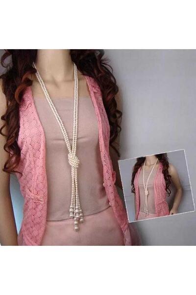 İPAR AKSESUAR قلادة كلاسيكية من اللؤلؤ المقلد بعقدة مزدوجة مقاس 125 سم