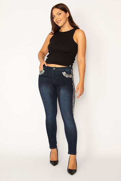 Şans Γυναικείο μεγάλου μεγέθους Navy Blue Lacquer Printed Sides and Pocket Mouth 5 Pocket Skinny Jeans 65n27811