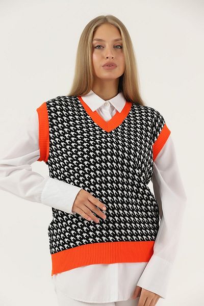 VERA LİFE Women's Houndstooth Patterned Skirt and Collar Colorful Sweater