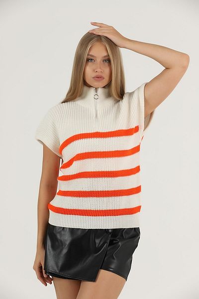 VERA LİFE Women's Stand Collar Zippered Striped Sweater