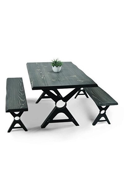 Mobenta Doğal Ağaç Masif Kütük Masa ( Metal Ayak ) 60cm X 110cm + 2 Bank Bench