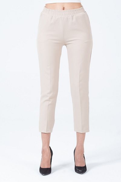 diaves Pantaloni de damă, bej, cu talie înaltă, cu buzunare, cu talie elastică, din țesătură Atlas, cu croiala morcov