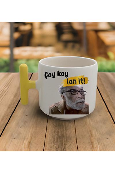 GünayStore Latte & Espresso Handmade Kurtlar Vadisi Abuzer Kömürcü Tea Bay Yellow Handle Mug 200 Ml