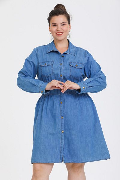 Gül Moda Τζιν φόρεμα με κουμπιά σε μεγάλο μέγεθος γαλάζιο G089-2
