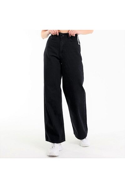 Trn JNS Blugi negri cu talie super înaltă cu fermoar cu efect de picior largi Pantaloni largi din denim (țesătură rezistentă la decolorare)
