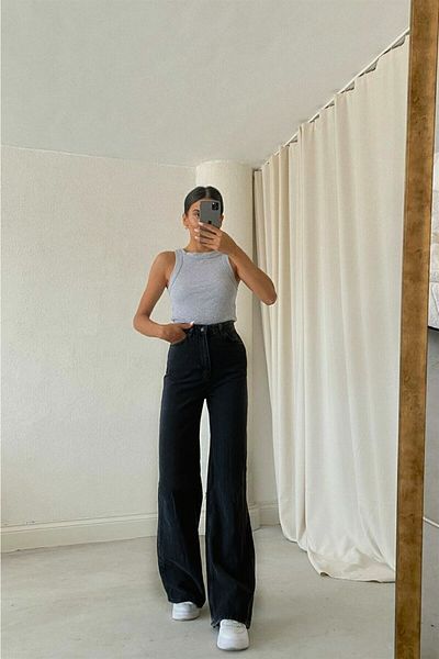 Trn JNS Saudade Black Lycra Pantaloni largi din denim cu talie înaltă, cu picioare largi