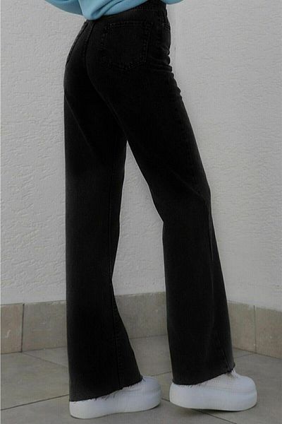 Trn JNS Blugi negri confortabili cu picioare late - Blugi casual din lycra cu talie super inalta