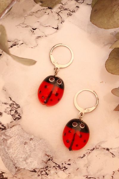ADAMODART Murano Glass Hoop Ladybug Earrings