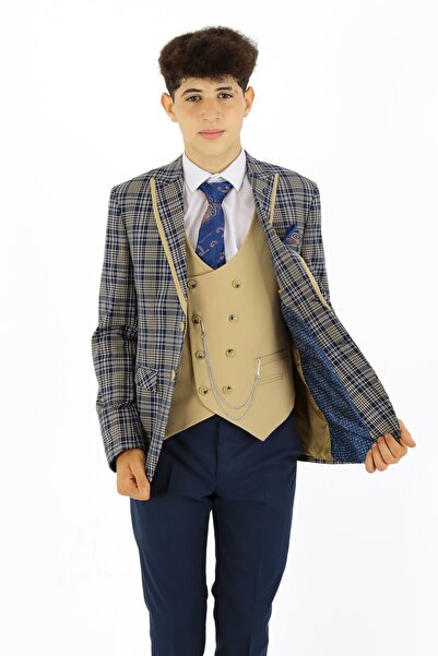 SIRRI Costum în carouri pentru băieți, jachetă din 3 piese, pantaloni