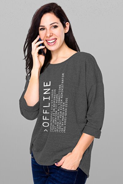 ROCKANDROLL Offline Bisiklet Yaka Uzun Kollu Antrasit Kadın Penye T-shirt