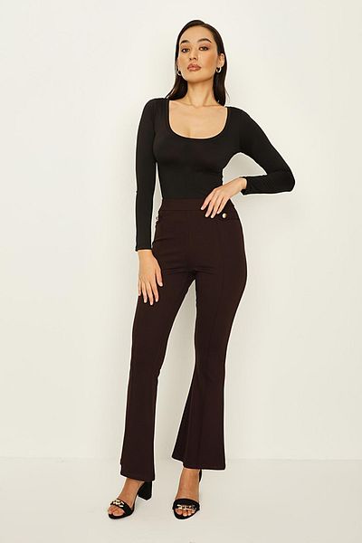 Select Moda Women's Brown Gold Button Detailed Flare Leg Leggings Trousers