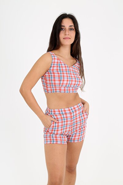Ekose Crop Şort Takımı
