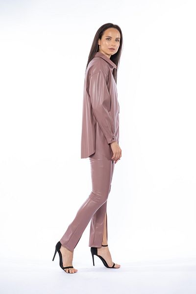 Grenj Fashion Pantaloni din piele cu talie înaltă Dusty Rose, cu fante în față și cusături groase