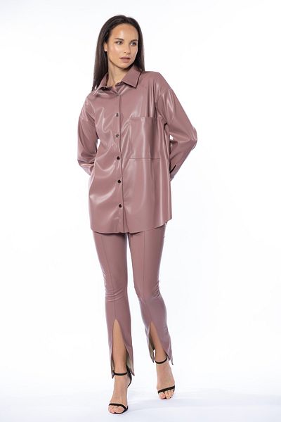 Grenj Fashion Pantaloni din piele cu talie înaltă Dusty Rose, cu fante în față și cusături groase