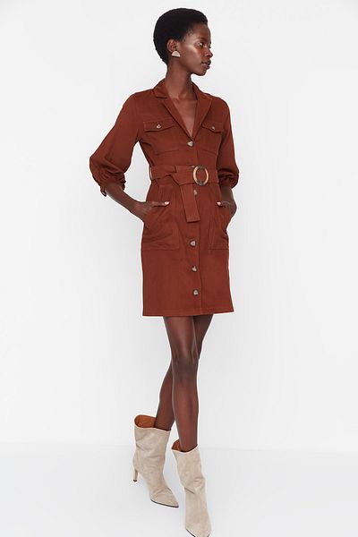 Trendyol Collection Καφέ Γραβάτα Λεπτομερές Υφαντό Φόρεμα TWOAW20EL1156