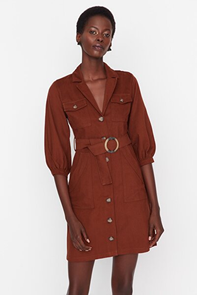 Trendyol Collection Καφέ Γραβάτα Λεπτομερές Υφαντό Φόρεμα TWOAW20EL1156