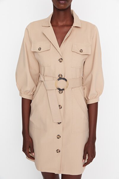 Trendyol Collection Μίνι υφαντό φόρεμα Camel Belted TWOAW20EL1156
