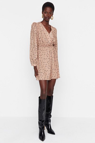 Trendyol Collection Mini tkané šaty s velbloudí sukní otevíráním v pase a detailem kravaty TWOAW21EL1821