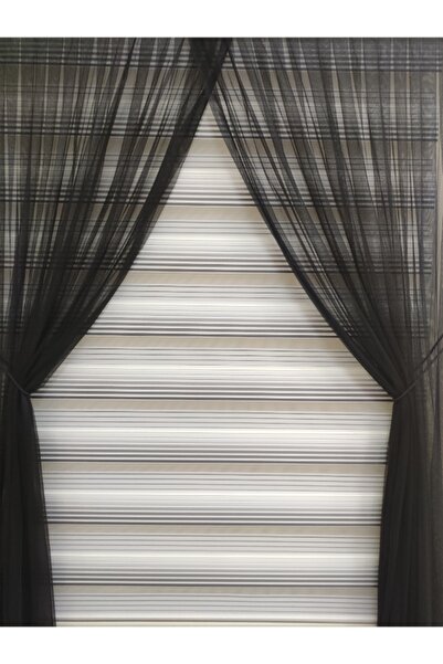 perhal perde ve halı Siyah Desensiz Petek Zemin 1-2 Seyrek Pileli Grek Halatlı Kruvaze Siyah Tül Perde