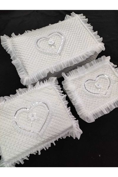 Çt Çeyizci Tekstil Dowry Satin Heart Embroidered White 3-Piece Bundle, Engagement Bride Groom Bag 3-Piece