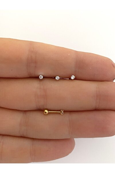 Arescollection Cerrahi Çelik 3 Lü Tragus Helix Conch Lobe Kıkırdak Uyumlu Piercing Küpe Set