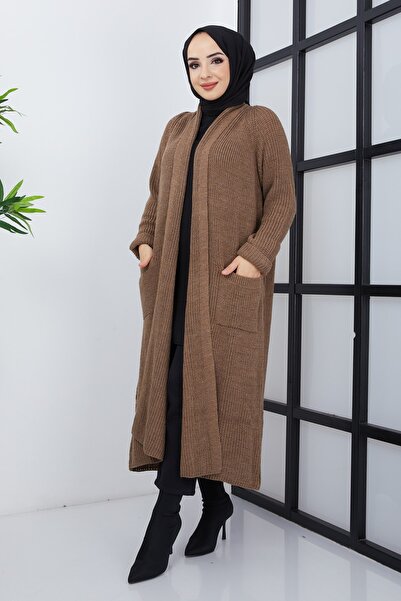 Pamuk Butik Cardigan lung maro casual pentru femei, cu buzunare