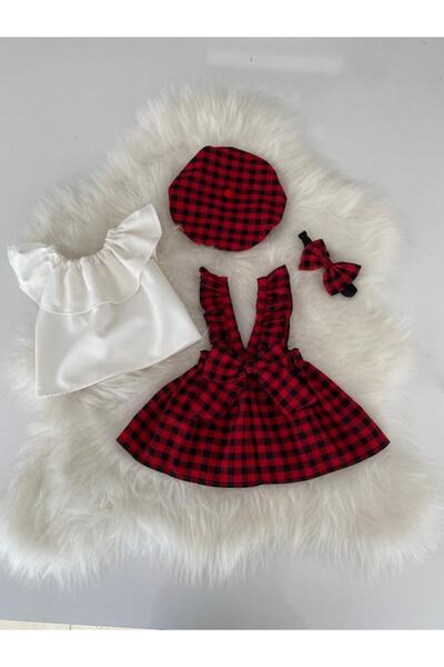 Moda Lina Gingham Pattern Salopet Hat Bandana White Blouse Set