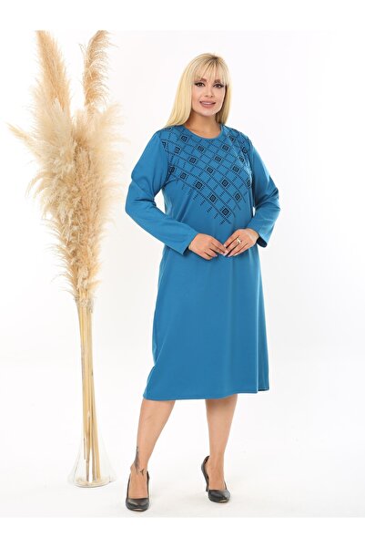 LİKRA Women's Large Size Flock Printed Flexible Steel Interlock Dress