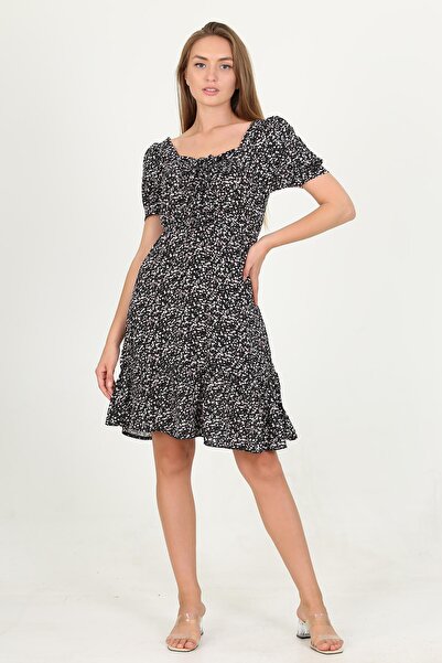 Neşeli Butik Γυναικείο φόρεμα με πράσινο γιακά με λουλουδάτο σχέδιο βισκόζης ...