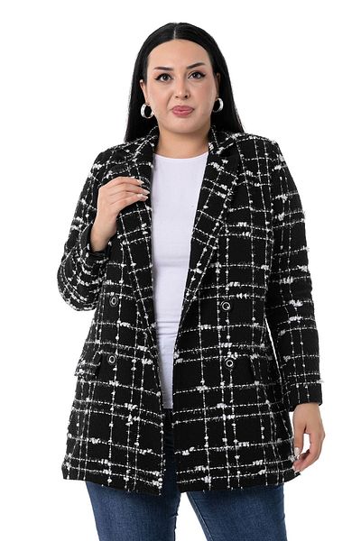 DISENTIS MODEST Μαύρο και άσπρο μπουφάν από Tweed Glitter με διπλό κλείσιμο