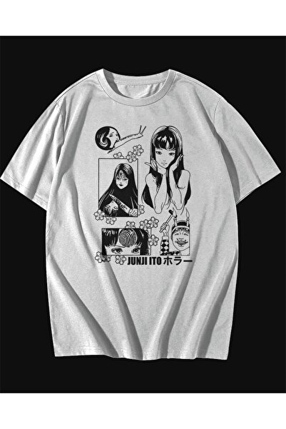 rebelberi Junji Ito Γραπτό Manga Anime με θέμα Oversize Unisex Λευκό T-shirt ...