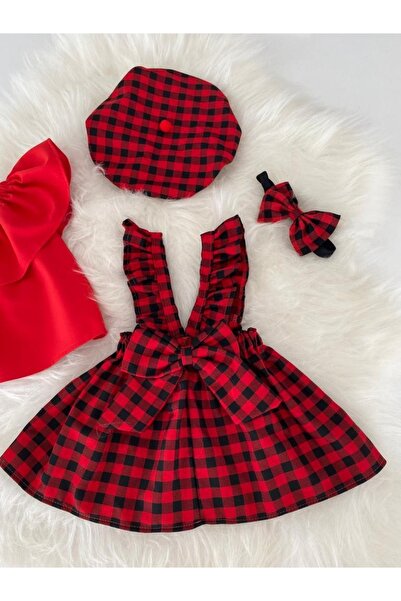 Moda Lina Red Gingham Patterned Salopet, Hat and Bandana Set