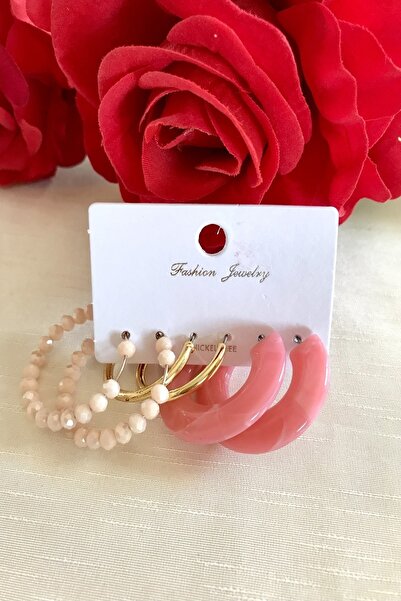 alsaccessories Pembe Renk Üçlü Küpe Kemik Halka, Krem Renk Boncuk Halka Ve Al...