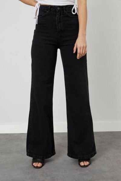Trn JNS Jean negru casual cu picior largi din Lycra - Pantaloni din denim din material rezistent la culoare cu talie super inalta