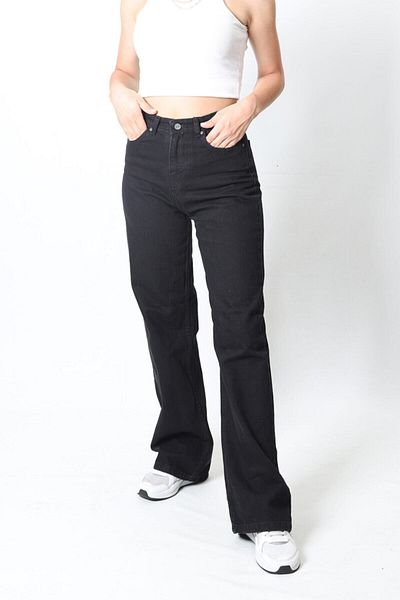 Trn JNS Blugi negri din Lycra cu picioare largi Pantaloni din denim cu talie super înaltă