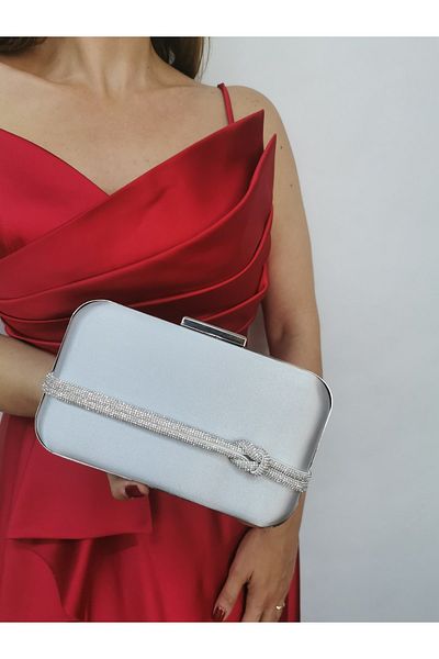 NAZART Rochie de seara de dama din satin Stone Silver Clutch Portofoliu Geanta de seara de dama de noapte