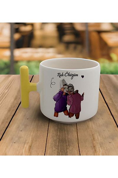 RHG Art Double Turkish Coffee Cup & Latte Bff My Spirit Ox Yellow Handle Mug 200 Ml