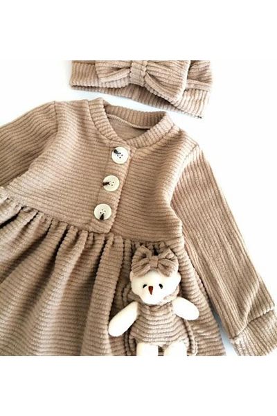 aryakids Stone Colored Baby Girl Winter Dress - Wooden Button and Teddy Bear
