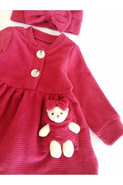 aryakids Baby Girl Wooden Buttoned Teddy Bear Bonnet Winter Dress Red
