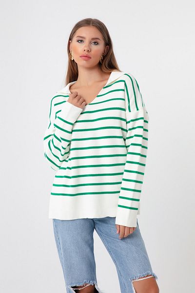 Lafaba Ecrufarbener, gestreifter Strickpullover mit Hemdkragen für Damen